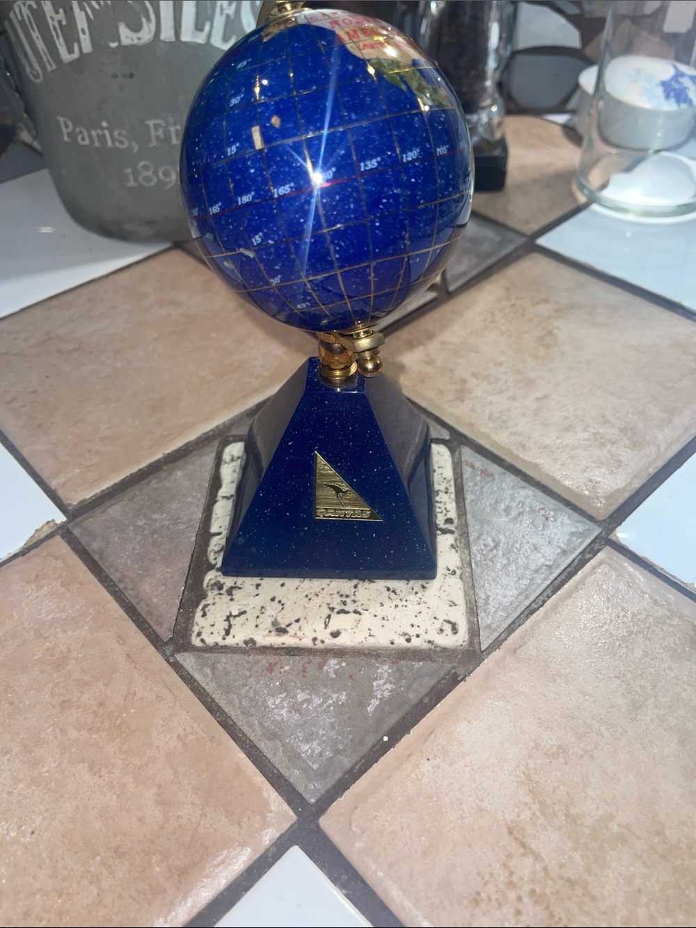 Blue Decorative Globe on Pyramid Base